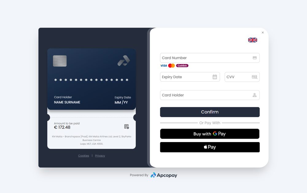 Оплата через шлюз APCOPAY: карта Visa/Mastercard, Google Pay или Apple Pay, сумма в евро